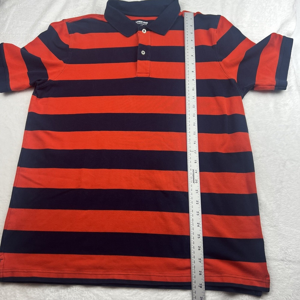 Lands' End Men L Tall Polo Shirt Red Navy Striped Golf Nautical Dark Prep Sporty - Picture 10 of 12